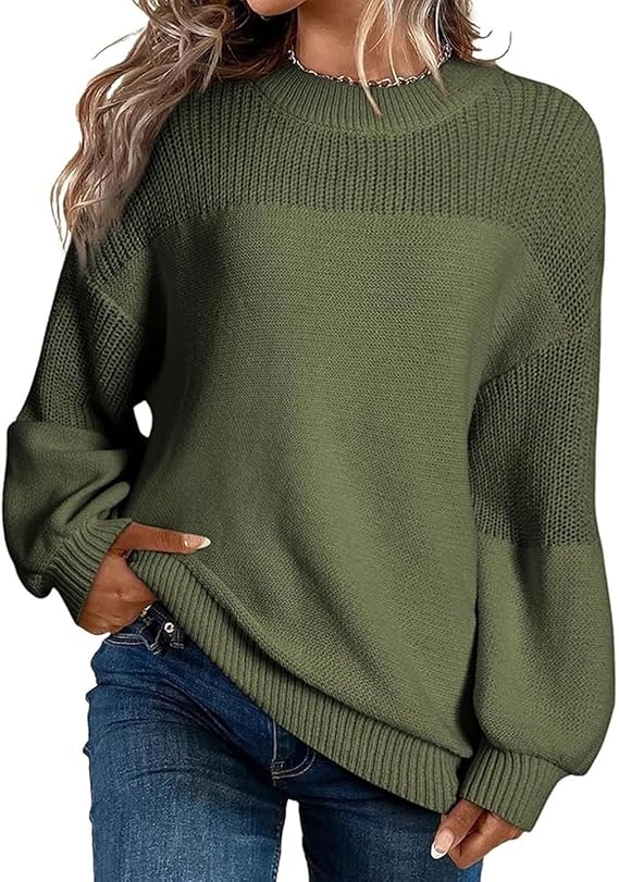 Women’s Oversized Knit Sweater — Army Green Pullover with Crew Neck & Long Sleeves, Thick Cozy Knitwear for Autumn & Winter Casual Outfits
