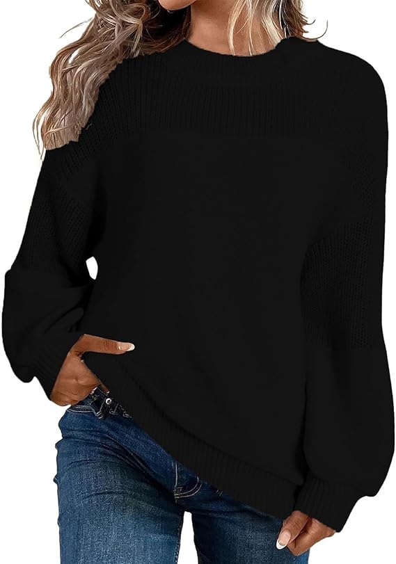 Women’s Black Knit Sweater | Oversized Crewneck Pullover with Long Sleeves | Casual Autumn Winter Knitwear Top