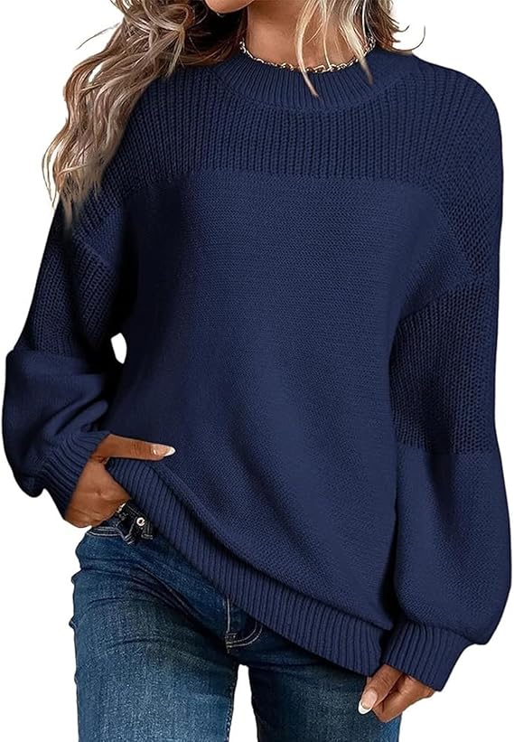Women’s Dark Blue Knitted Sweater | Crew Neck Loose Pullover | Casual Long Sleeve Autumn Winter Top