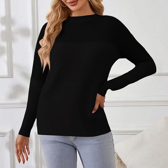 Women’s Black Knit Sweater | Oversized Crewneck Pullover with Long Sleeves | Casual Autumn Winter Knitwear Top