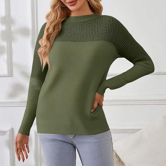 Women’s Oversized Knit Sweater — Army Green Pullover with Crew Neck & Long Sleeves, Thick Cozy Knitwear for Autumn & Winter Casual Outfits