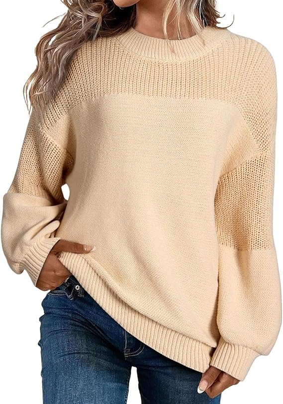 Women’s Beige Knit Sweater | Oversized Pullover Round Neck Sweater | Long Sleeve Casual Knitwear for Autumn & Winter