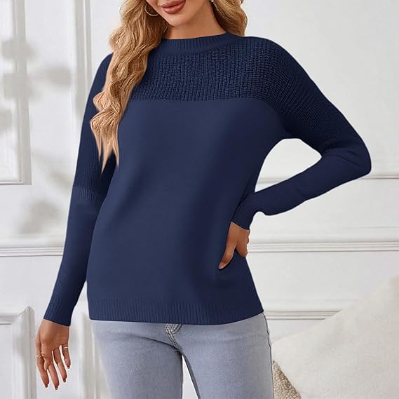 Women’s Dark Blue Knitted Sweater | Crew Neck Loose Pullover | Casual Long Sleeve Autumn Winter Top