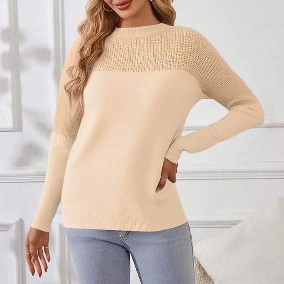 Women’s Beige Knit Sweater | Oversized Pullover Round Neck Sweater | Long Sleeve Casual Knitwear for Autumn & Winter